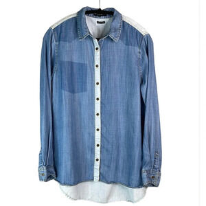 MISS ME Chambray Denim Look Button Up Shirt 3 Tone Blue High-low Long Sleeve M